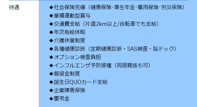待遇 / ◆社会保険完備（健康保険･厚生年金･雇用保険･労災保険）◆業績連動型賞与 ◆交通費支給（片道2km以上/自転車でも支給）◆年次有給休暇 ◆介護休業制度 ◆各種健康診断（定期健康診断・SAS検査・脳ドック）◆オプション検査負担 ◆インフルエンザ予防接種（同居親族も可）◆報奨金制度 ◆誕生日QUOカード支給 ◆企業障害保険 ◆慶弔金
