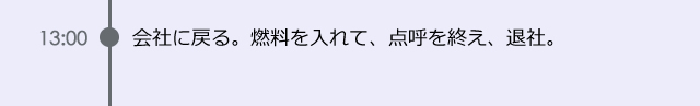 13:00　会社に戻る。燃料を入れて、点呼を終え、退社。
