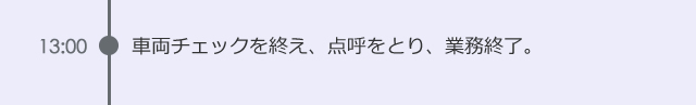 13:00　車両チェックを終え、点呼をとり、業務終了。